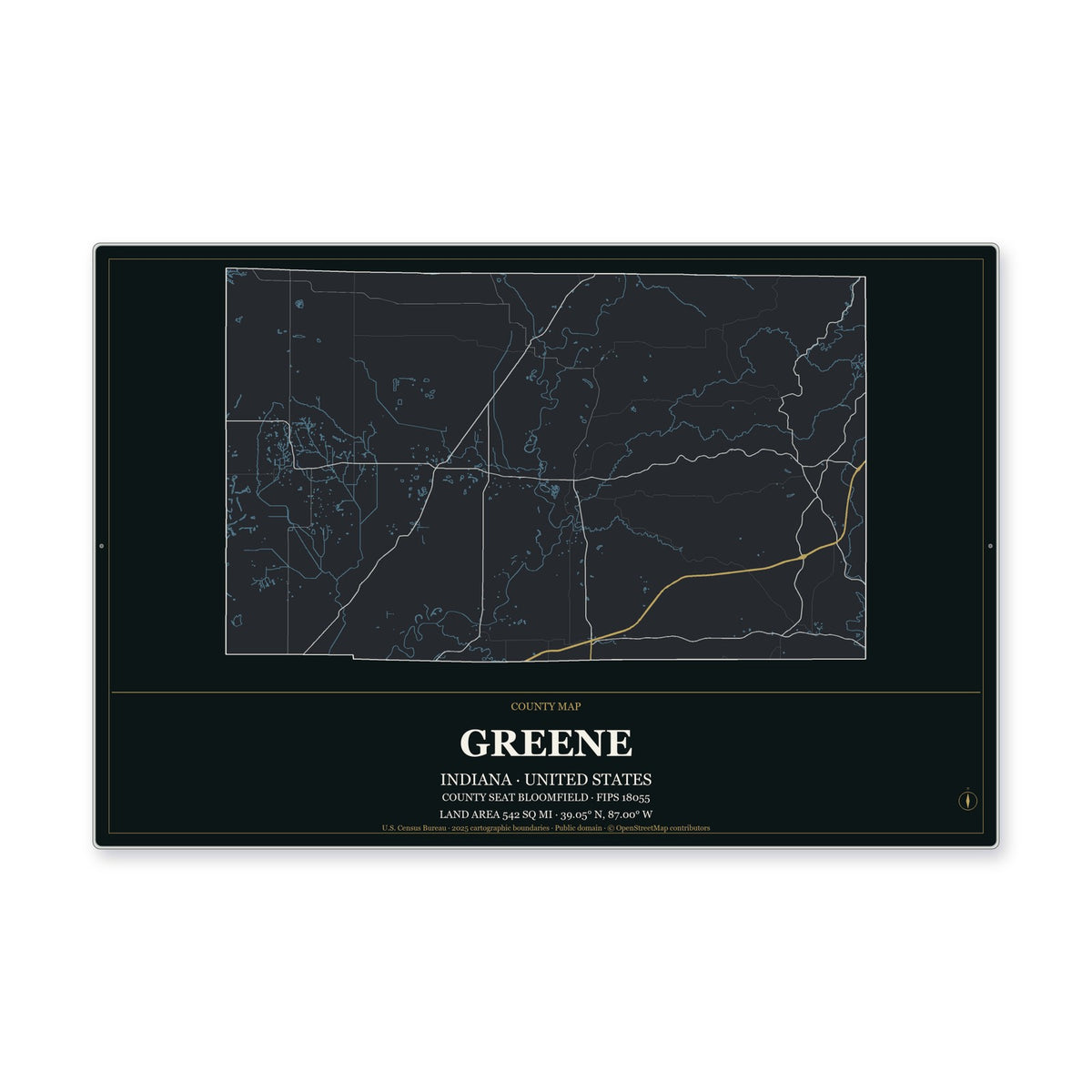 Greene County, Indiana Map Aluminum Sign in Metropolitan Noir style