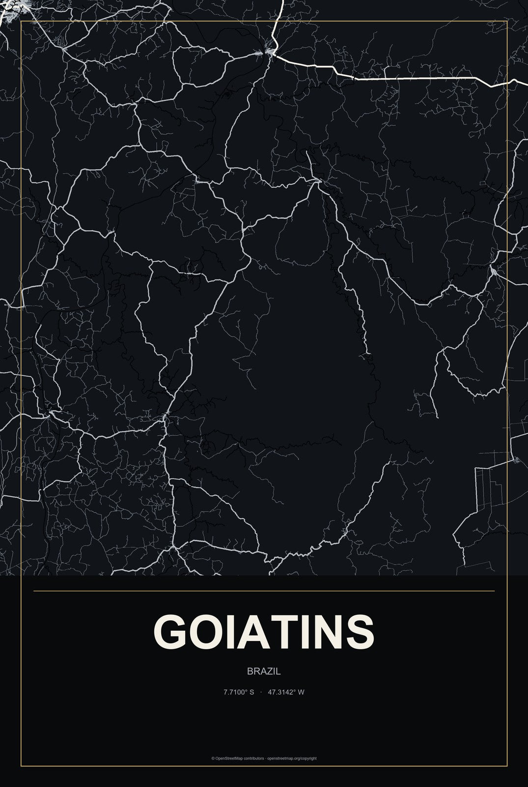 Goiatins, Brazil City Map Aluminum Sign in Metropolitan Noir style