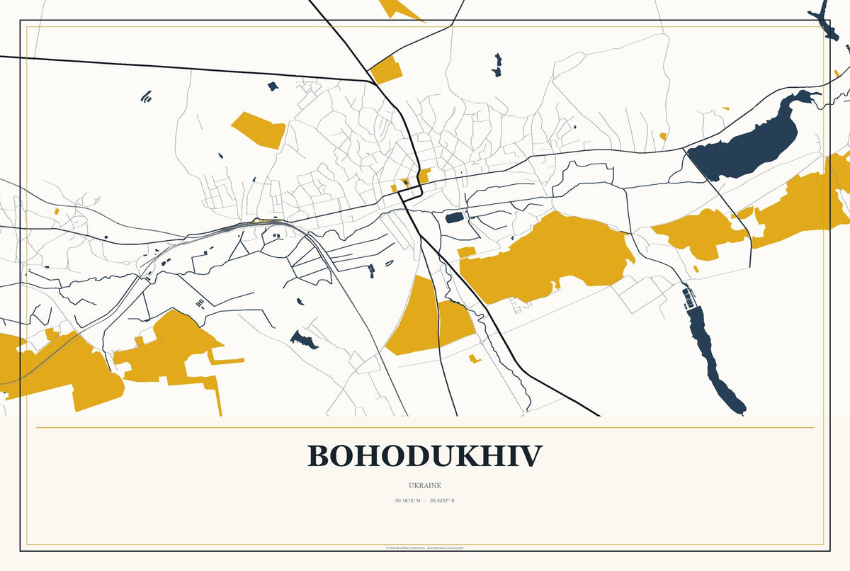 Bohodukhiv, Ukraine City Map Aluminum Sign in Citrine Modern style