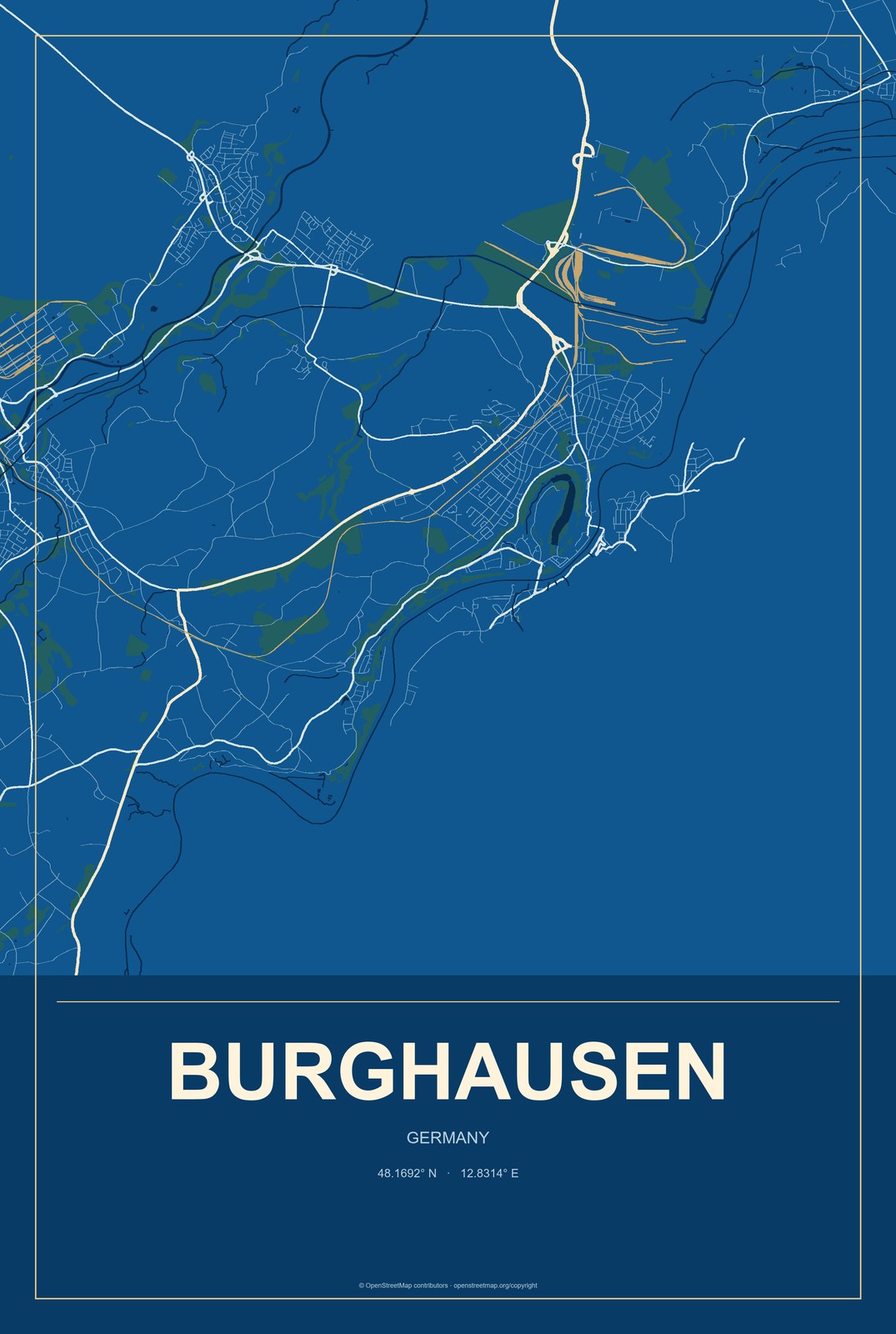 Burghausen, Germany City Map Aluminum Sign in Harbor Cobalt style