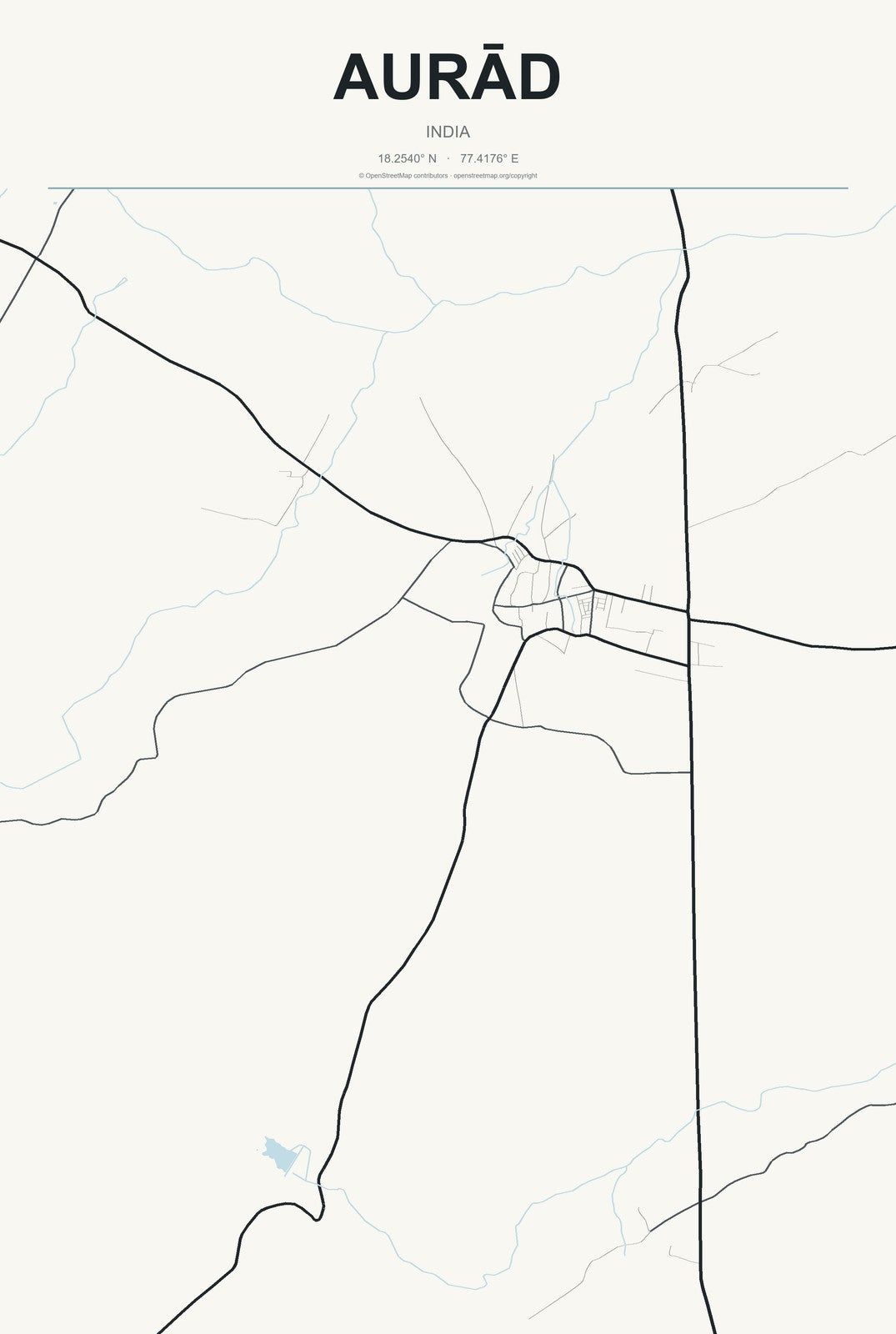 Aurād, India City Map Aluminum Sign in Headline Atlas style