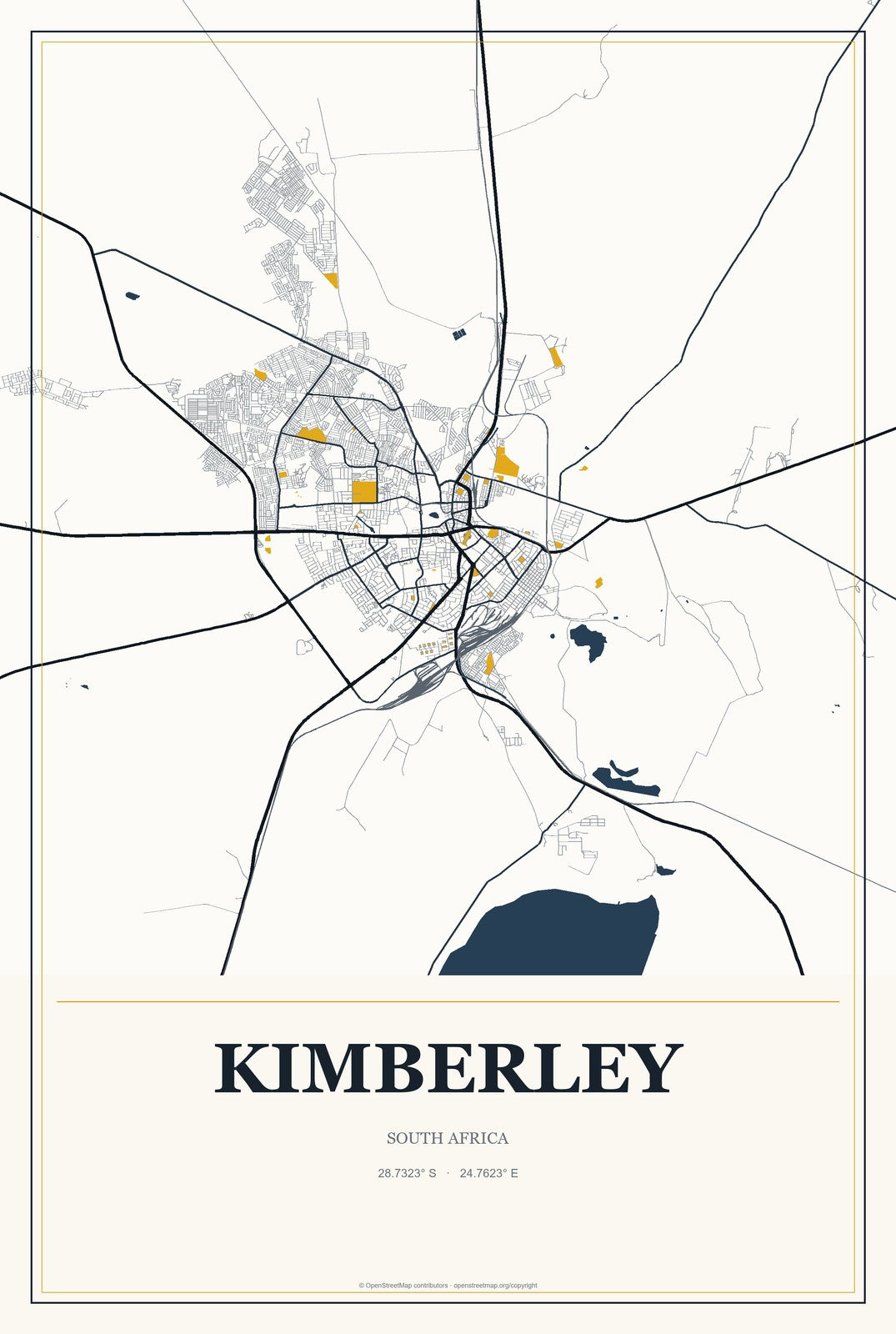 Kimberley, South Africa City Map Aluminum Sign in Citrine Modern style