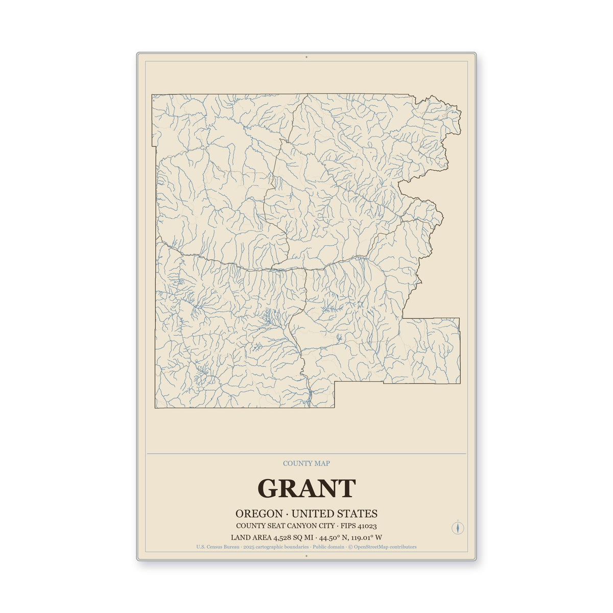 Grant County, Oregon Map Aluminum Sign in Heritage Nautical style