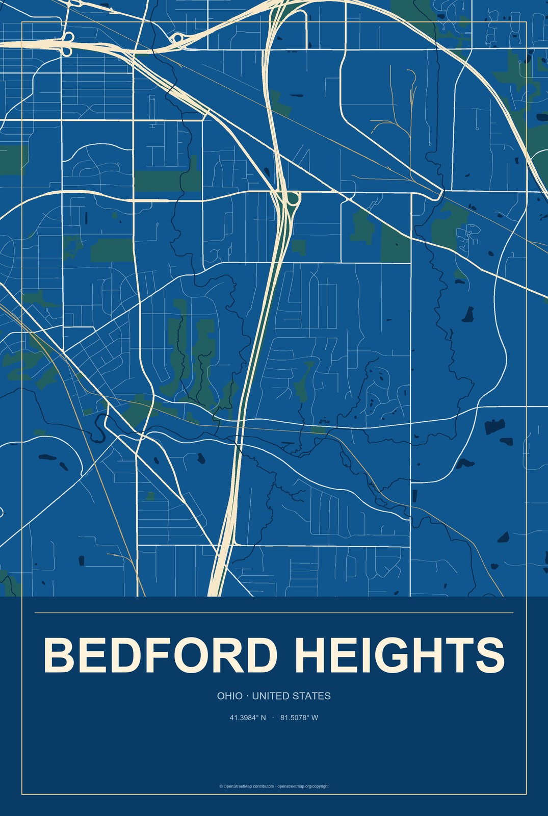 Bedford Heights, Ohio City Map Aluminum Sign in Harbor Cobalt style