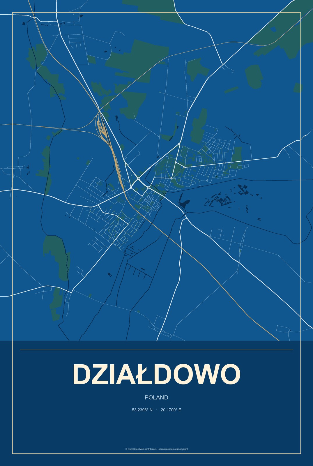 Działdowo, Poland City Map Aluminum Sign in Harbor Cobalt style