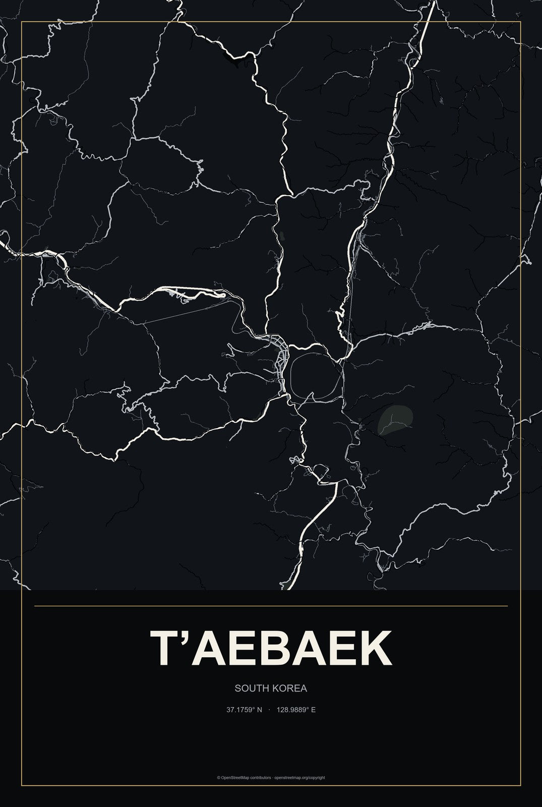 T’aebaek, South Korea City Map Aluminum Sign in Metropolitan Noir style