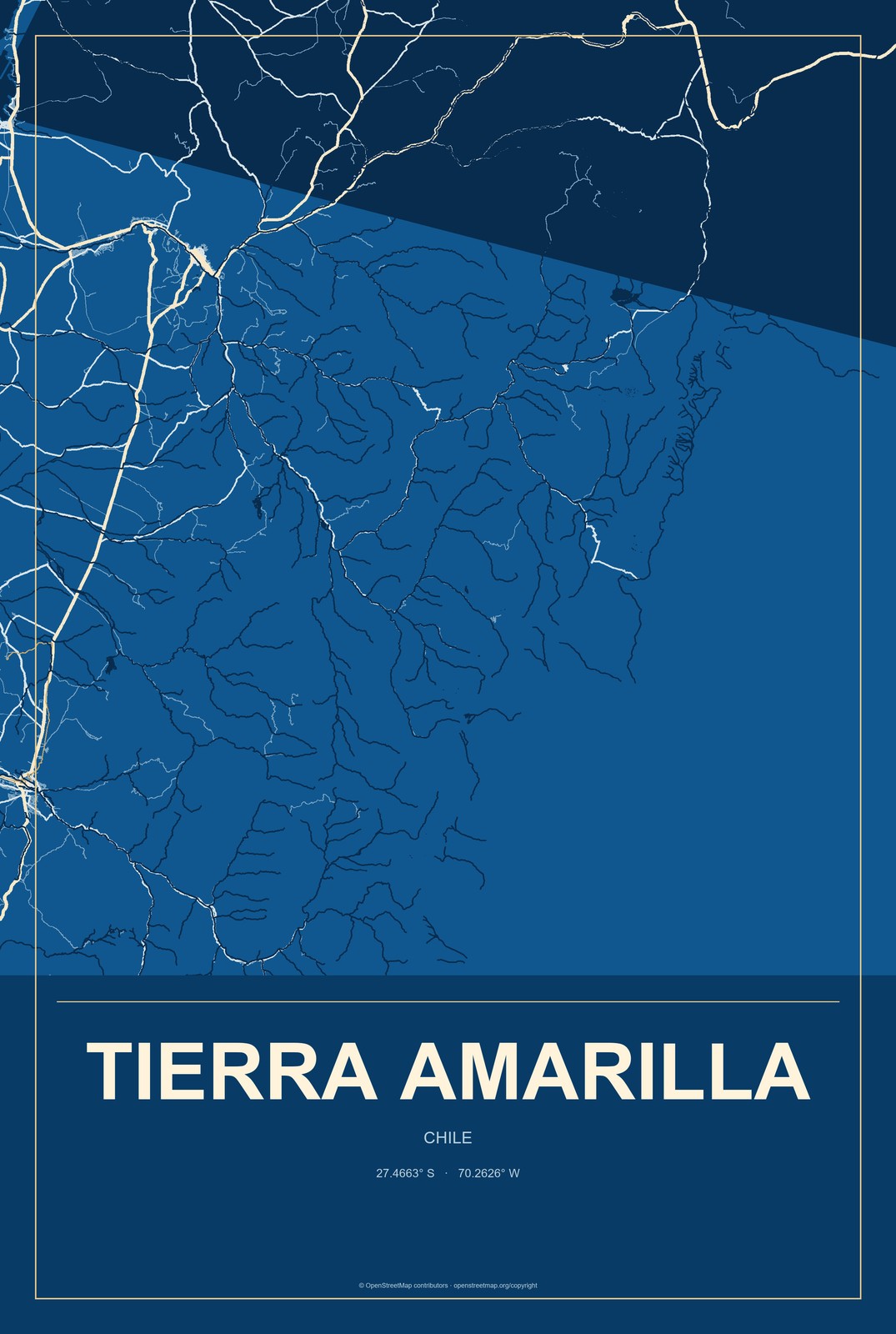 Tierra Amarilla, Chile City Map Aluminum Sign in Harbor Cobalt style