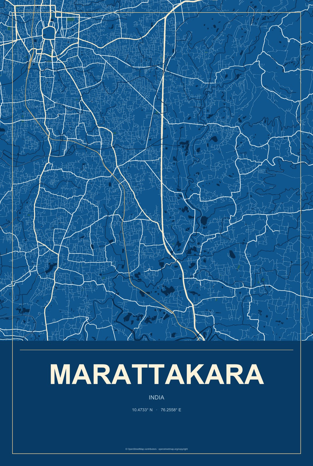 Marattakara, India City Map Aluminum Sign in Harbor Cobalt style