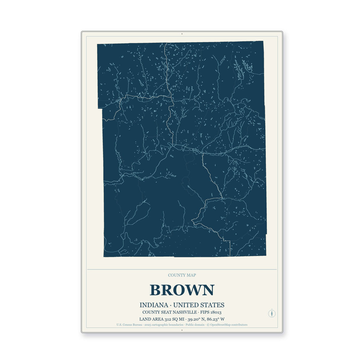 Brown County, Indiana Map Aluminum Sign in Coastal Cutout style