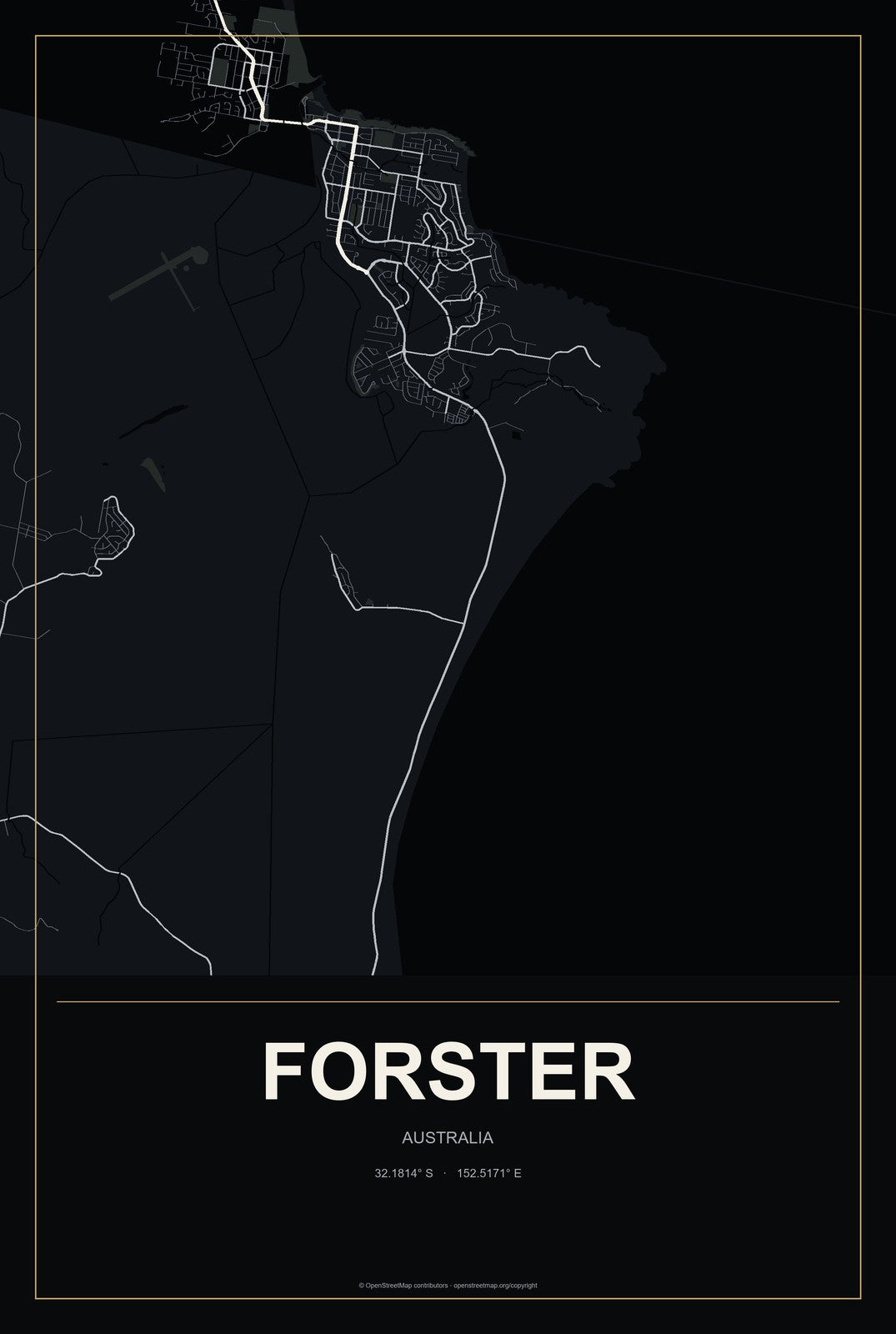 Forster, Australia City Map Aluminum Sign in Metropolitan Noir style