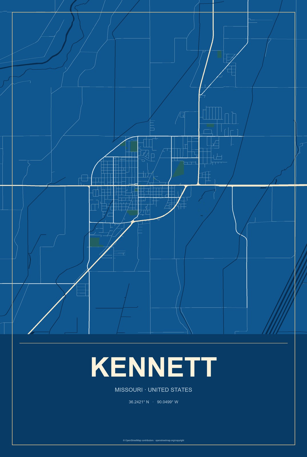 Kennett, Missouri City Map Aluminum Sign in Harbor Cobalt style