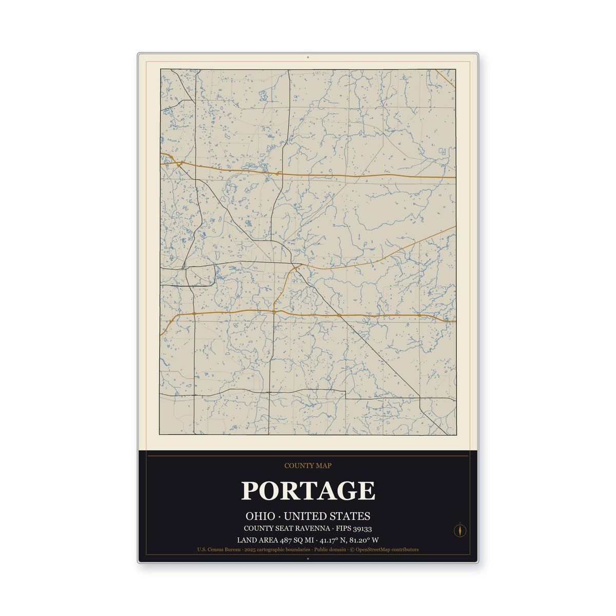 Portage County, Ohio Map Aluminum Sign in Museum Plaque style
