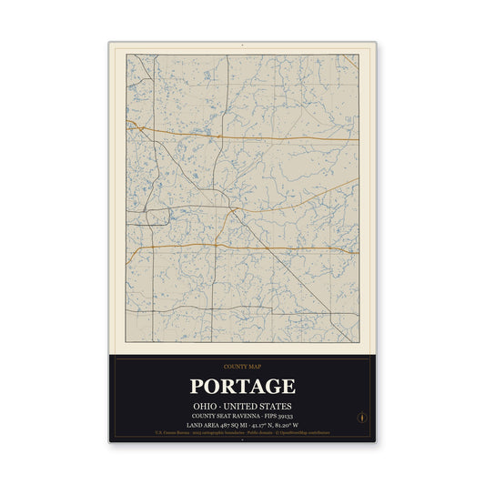 Portage County, Ohio Map Aluminum Sign in Museum Plaque style