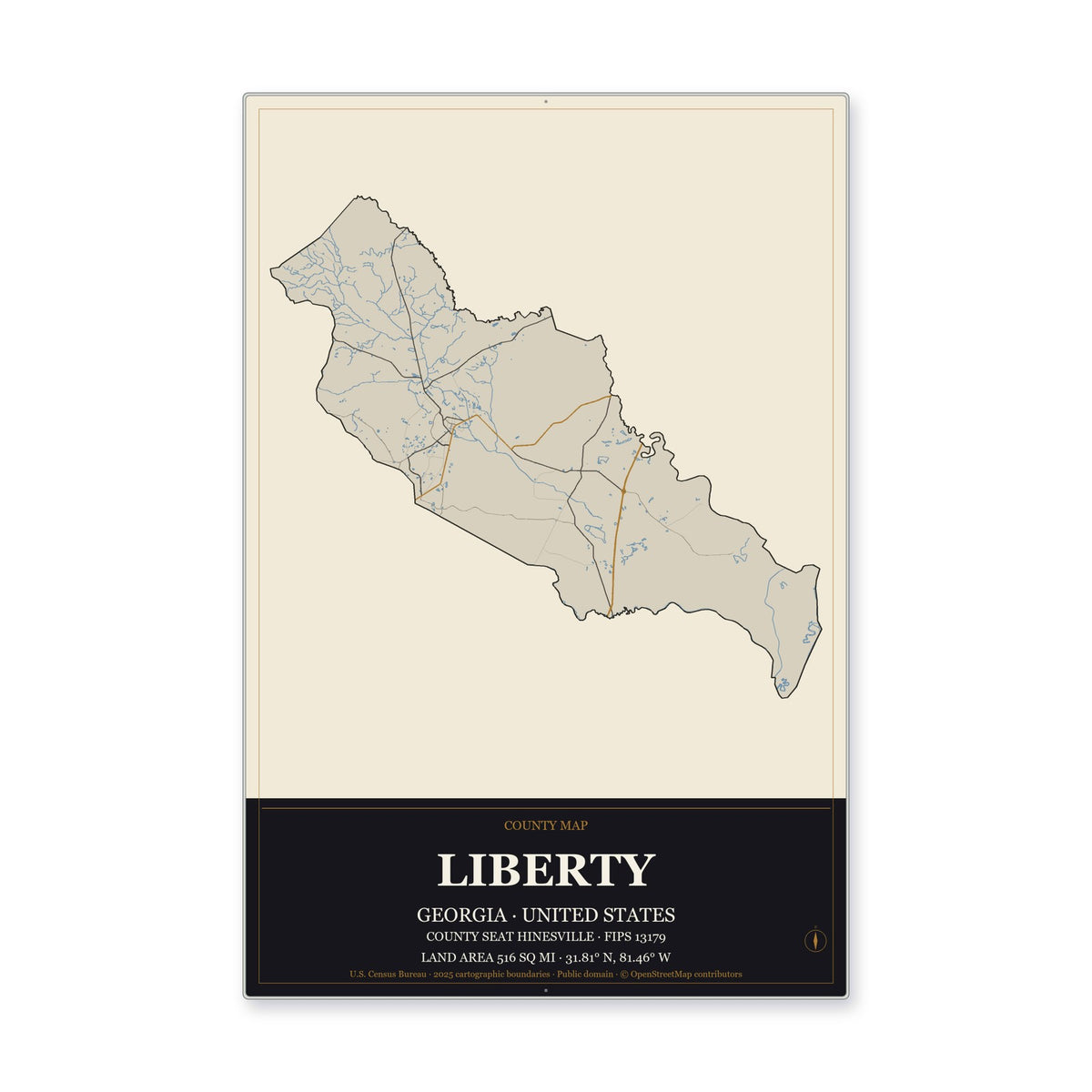Liberty County, Georgia Map Aluminum Sign in Museum Plaque style