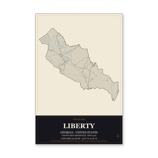 Liberty County, Georgia Map Aluminum Sign in Museum Plaque style