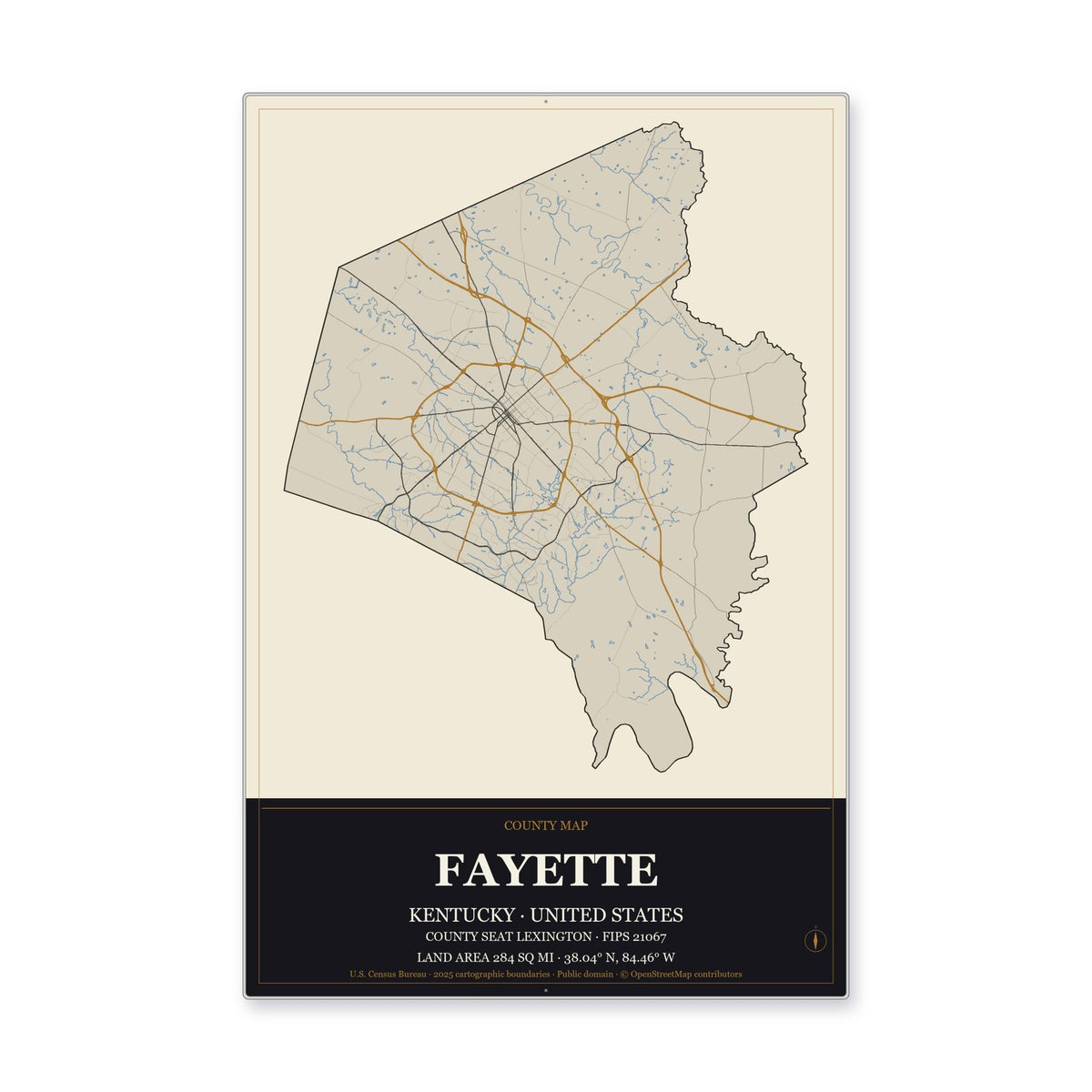 Fayette County, Kentucky Map Aluminum Sign in Museum Plaque style