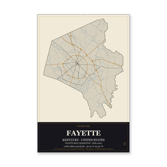 Fayette County, Kentucky Map Aluminum Sign in Museum Plaque style