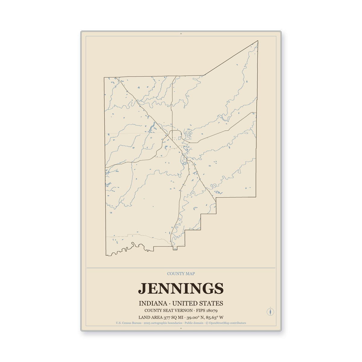 Jennings County, Indiana Map Aluminum Sign in Heritage Nautical style