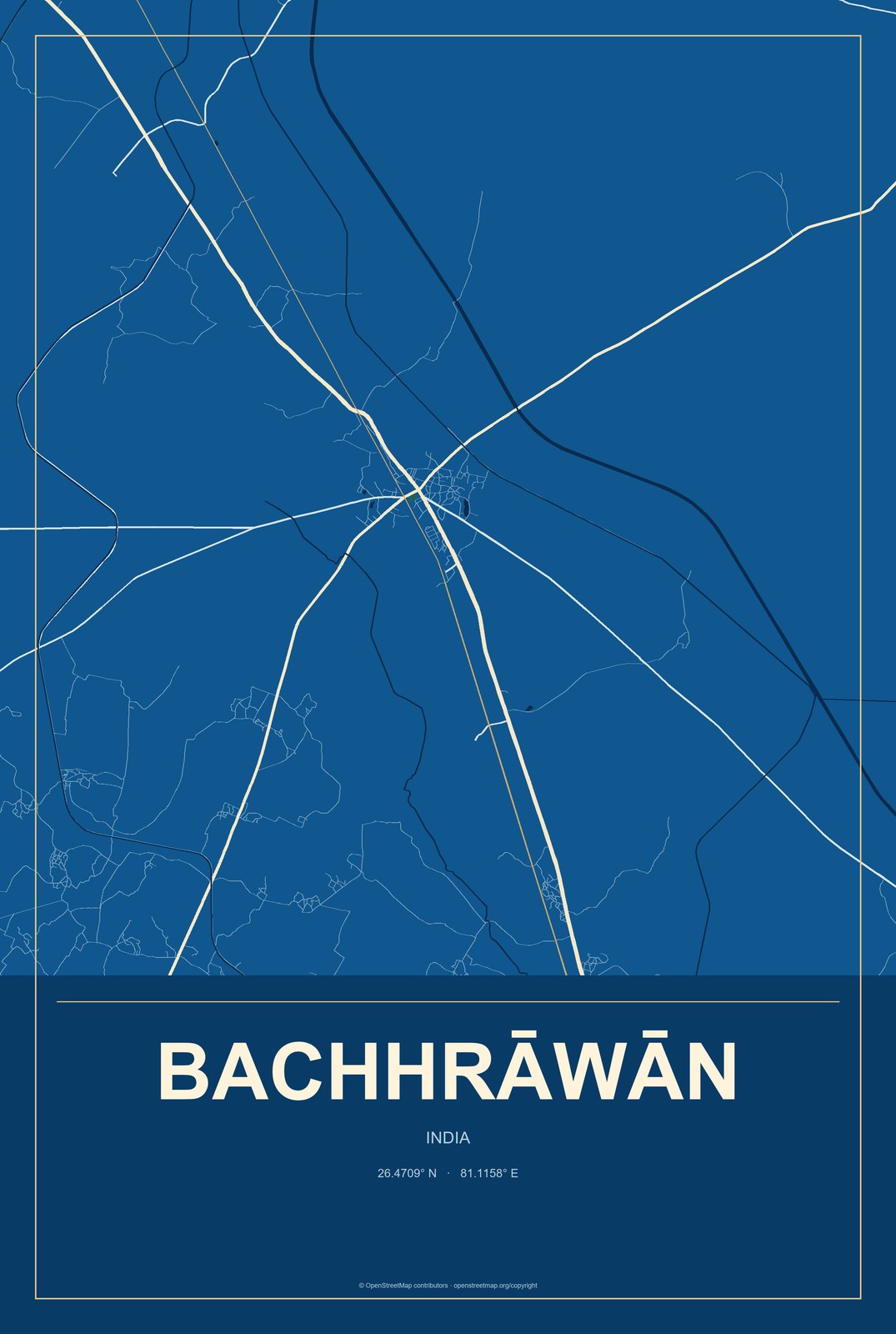 Bachhrāwān, India City Map Aluminum Sign in Harbor Cobalt style