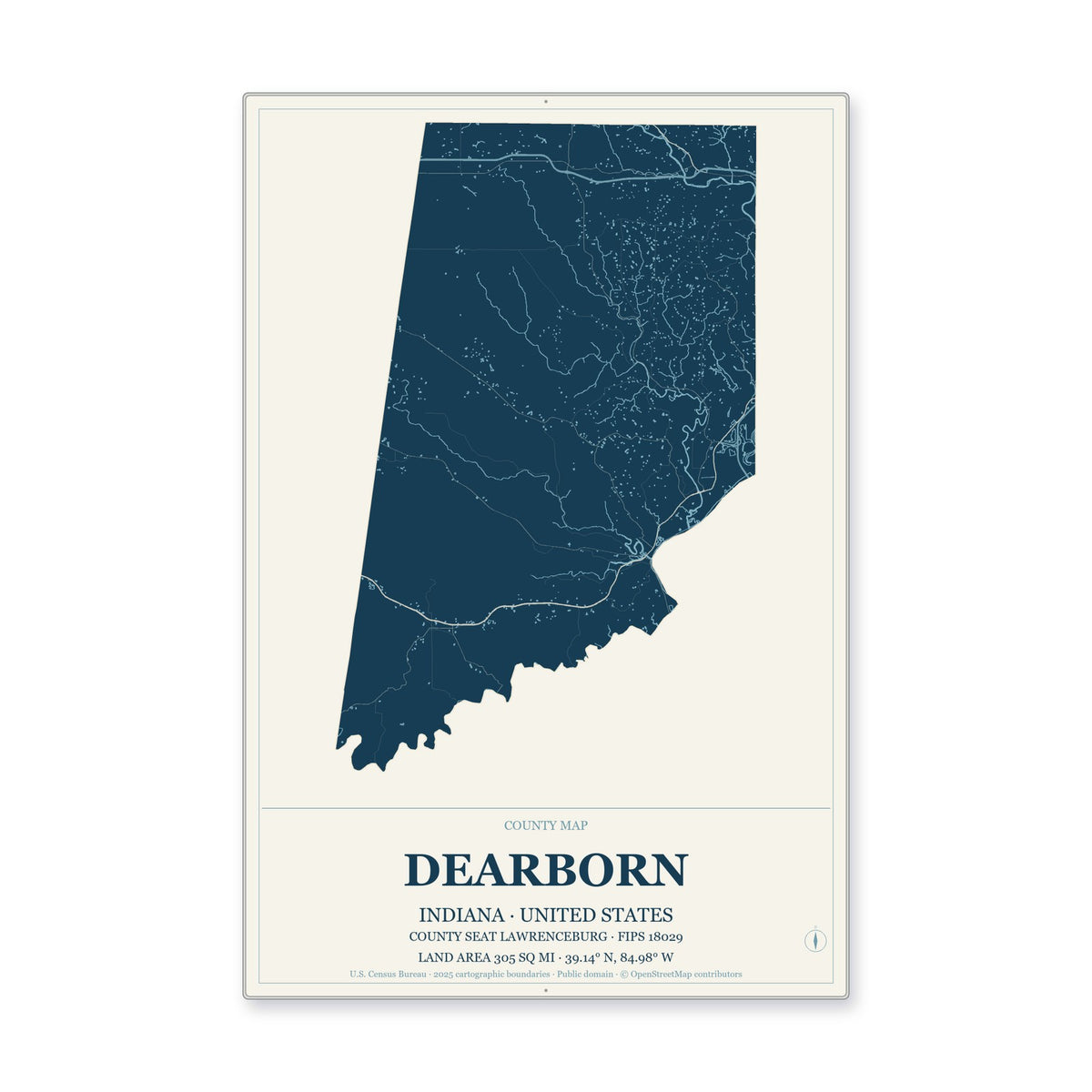 Dearborn County, Indiana Map Aluminum Sign in Coastal Cutout style