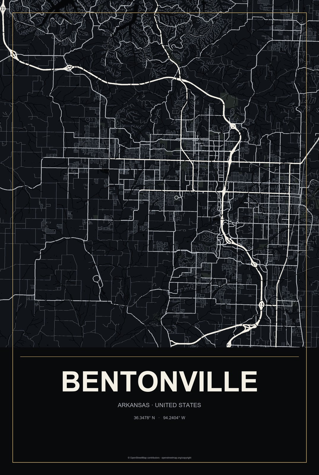 Bentonville, Arkansas City Map Aluminum Sign in Metropolitan Noir style