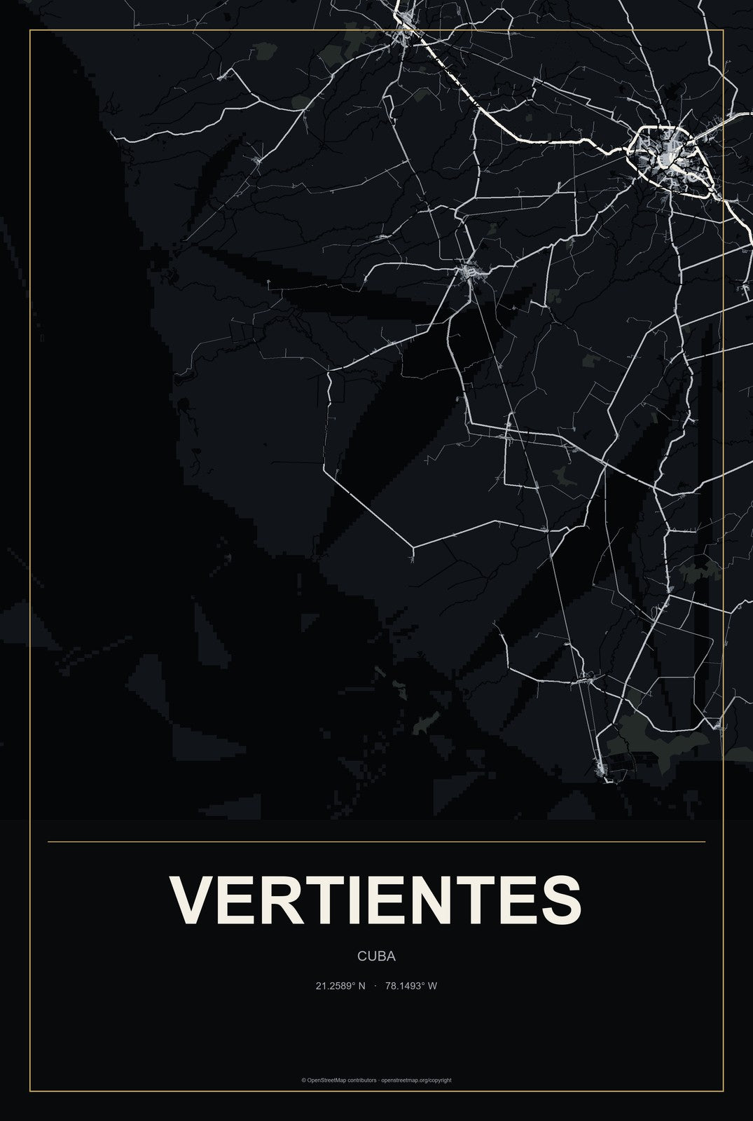 Vertientes, Cuba City Map Aluminum Sign in Metropolitan Noir style