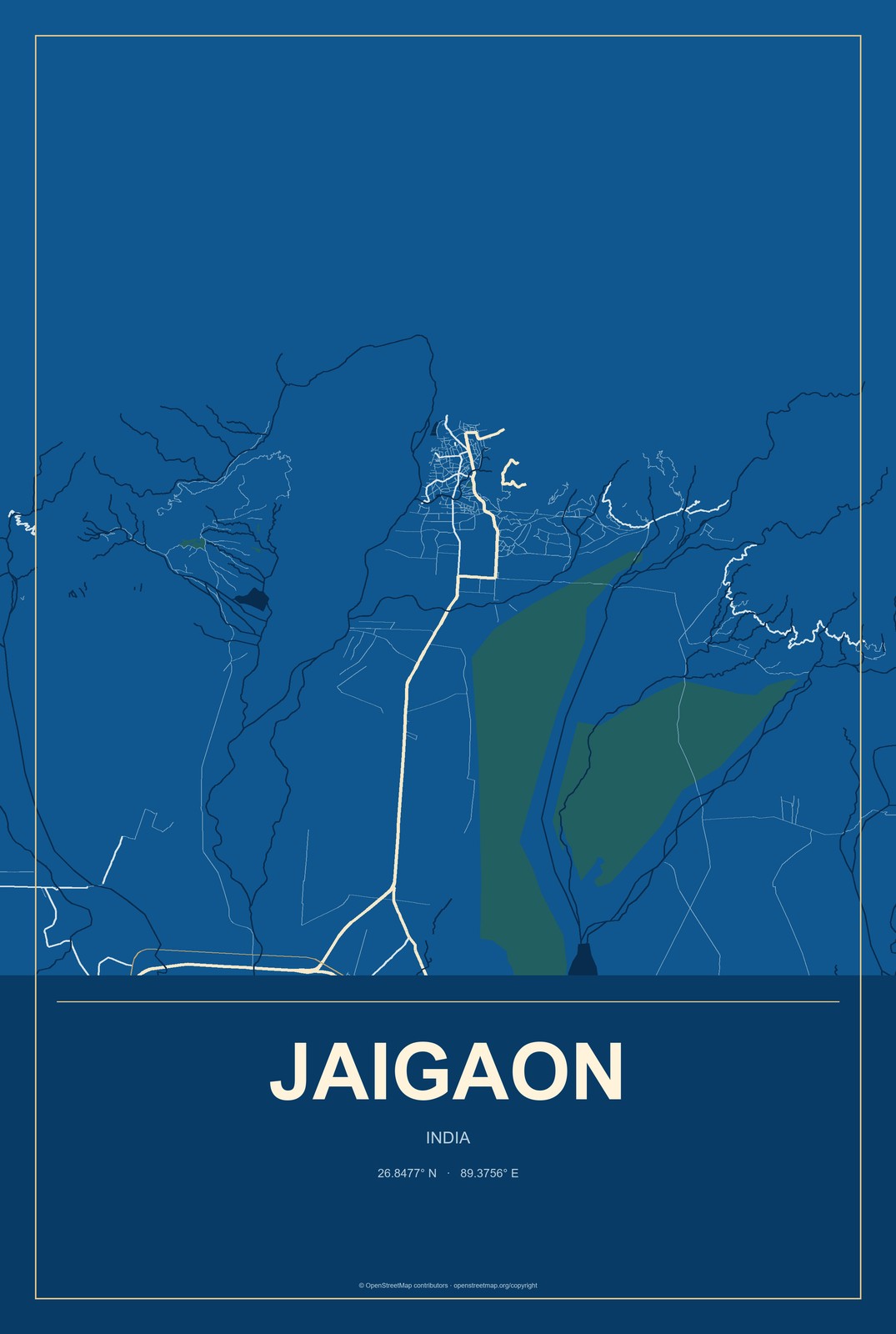 Jaigaon, India City Map Aluminum Sign in Harbor Cobalt style