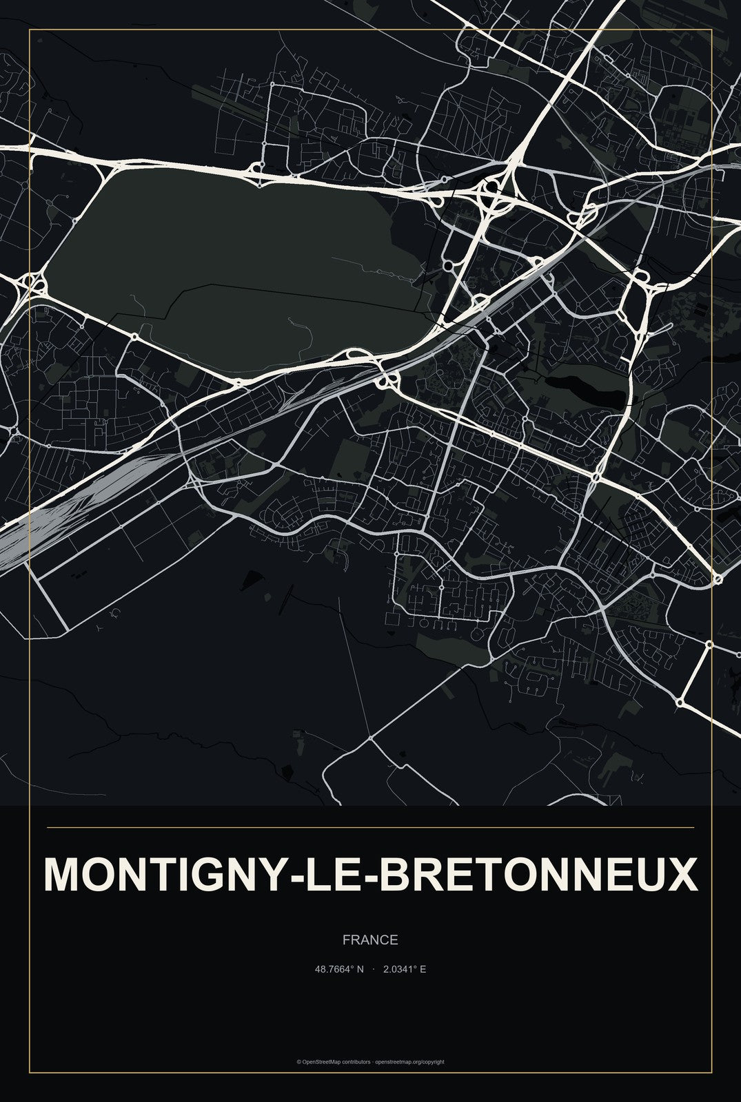 Montigny-le-Bretonneux, France City Map Aluminum Sign in Metropolitan Noir style