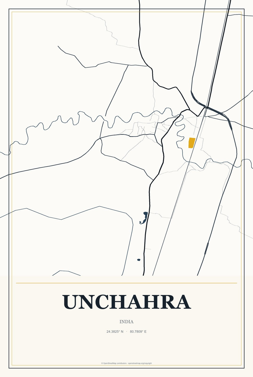 Unchahra, India City Map Aluminum Sign in Citrine Modern style