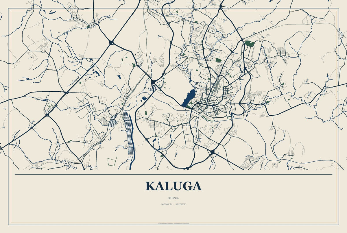 Kaluga, Russia City Map Aluminum Sign in Coastal Cutout style