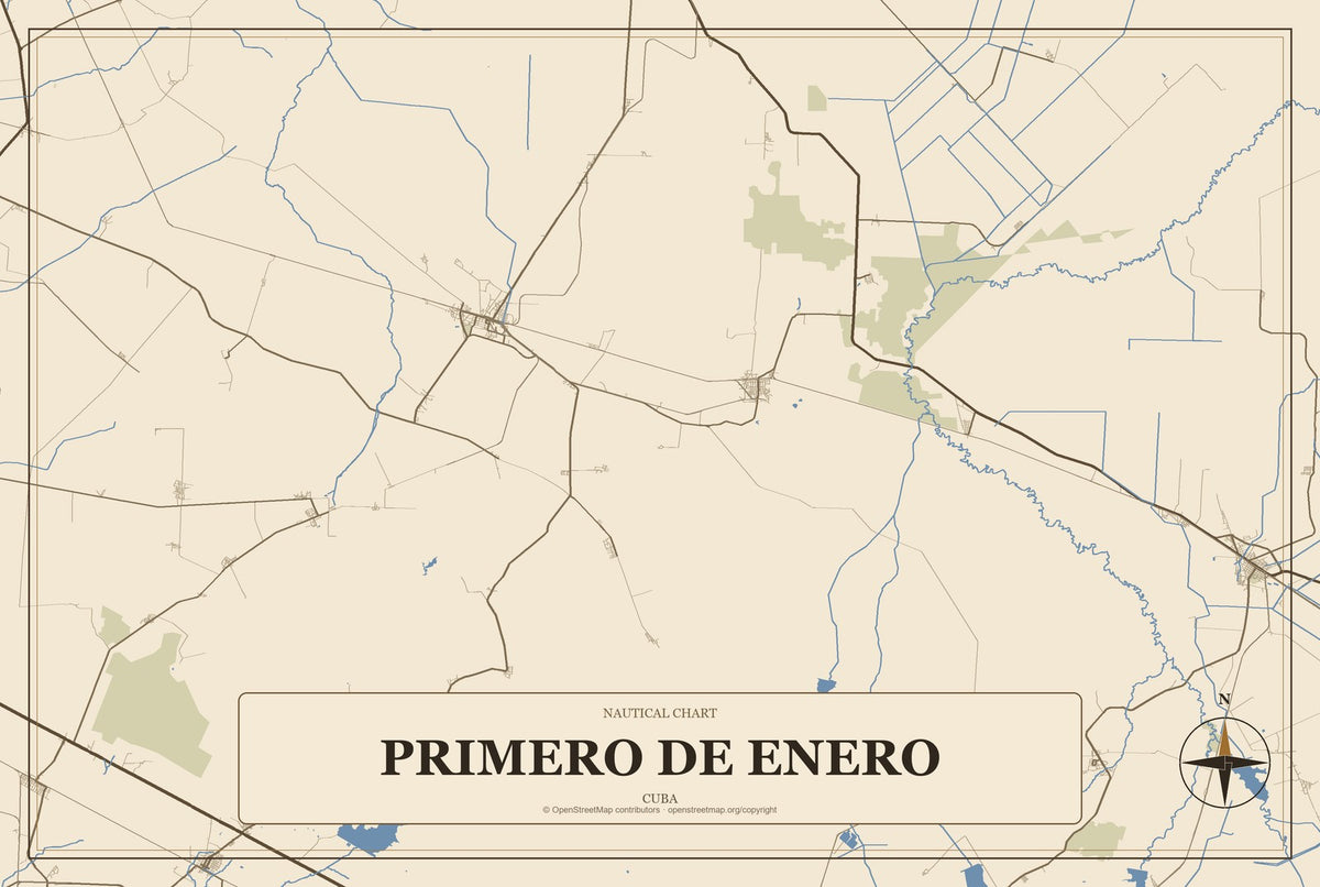 Primero de Enero, Cuba City Map Aluminum Sign in Heritage Nautical style