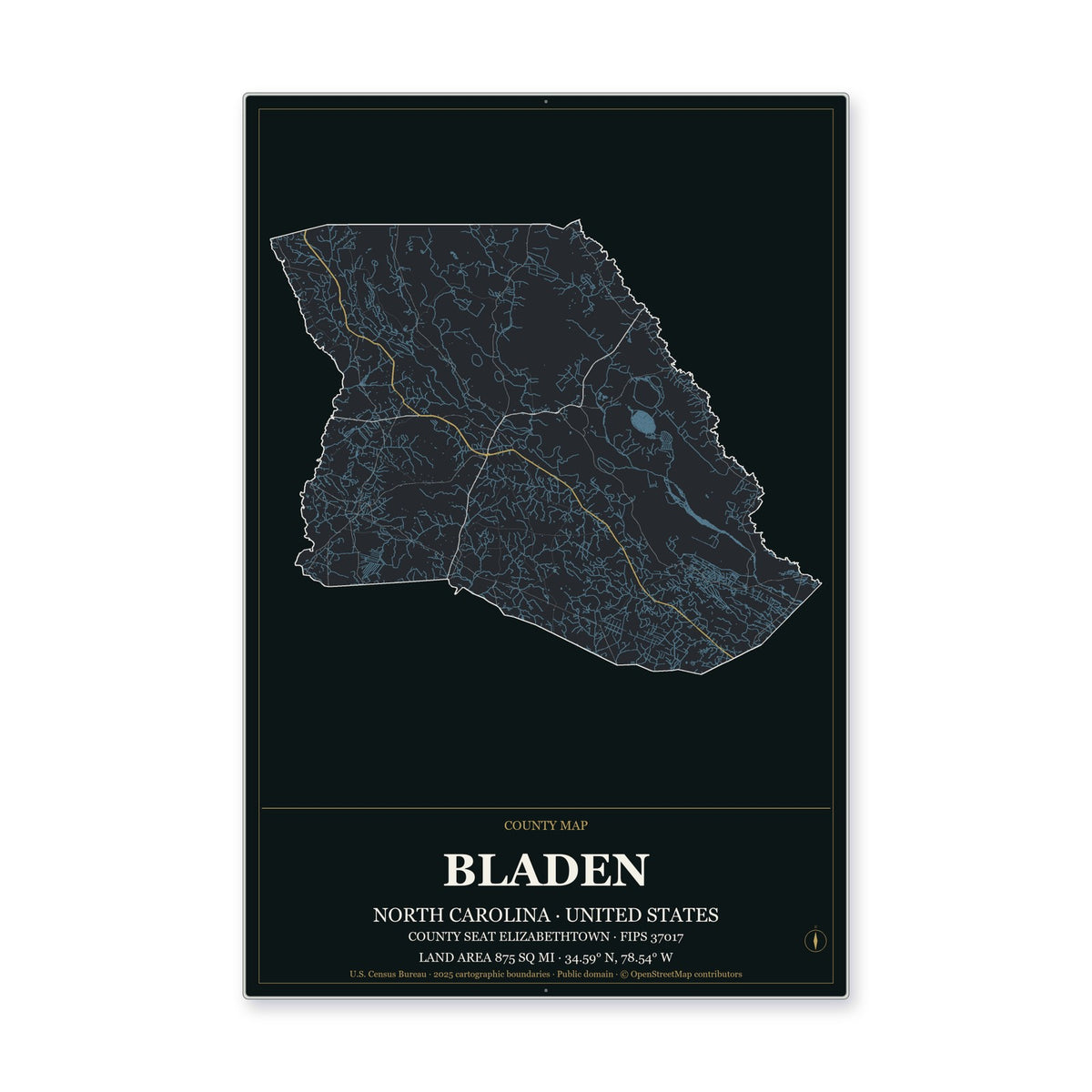 Bladen County, North Carolina Map Aluminum Sign in Metropolitan Noir style