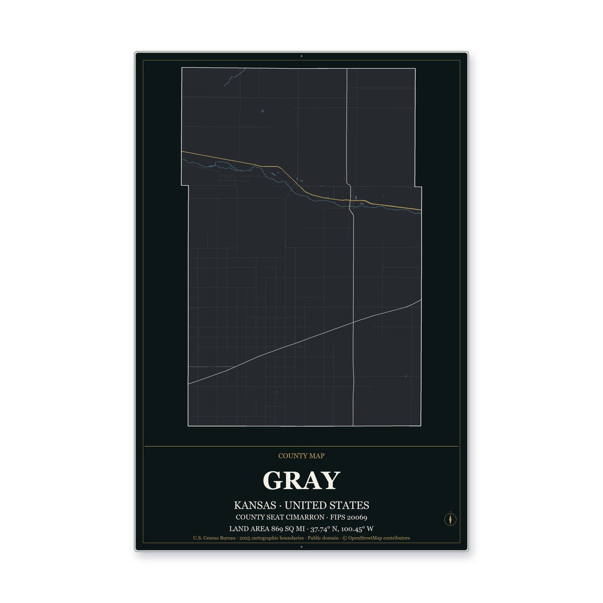 Gray County, Kansas Map Aluminum Sign in Metropolitan Noir style