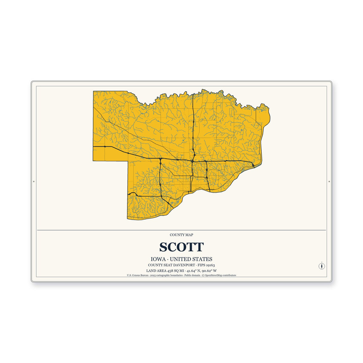 Scott County, Iowa Map Aluminum Sign in Citrine Modern style