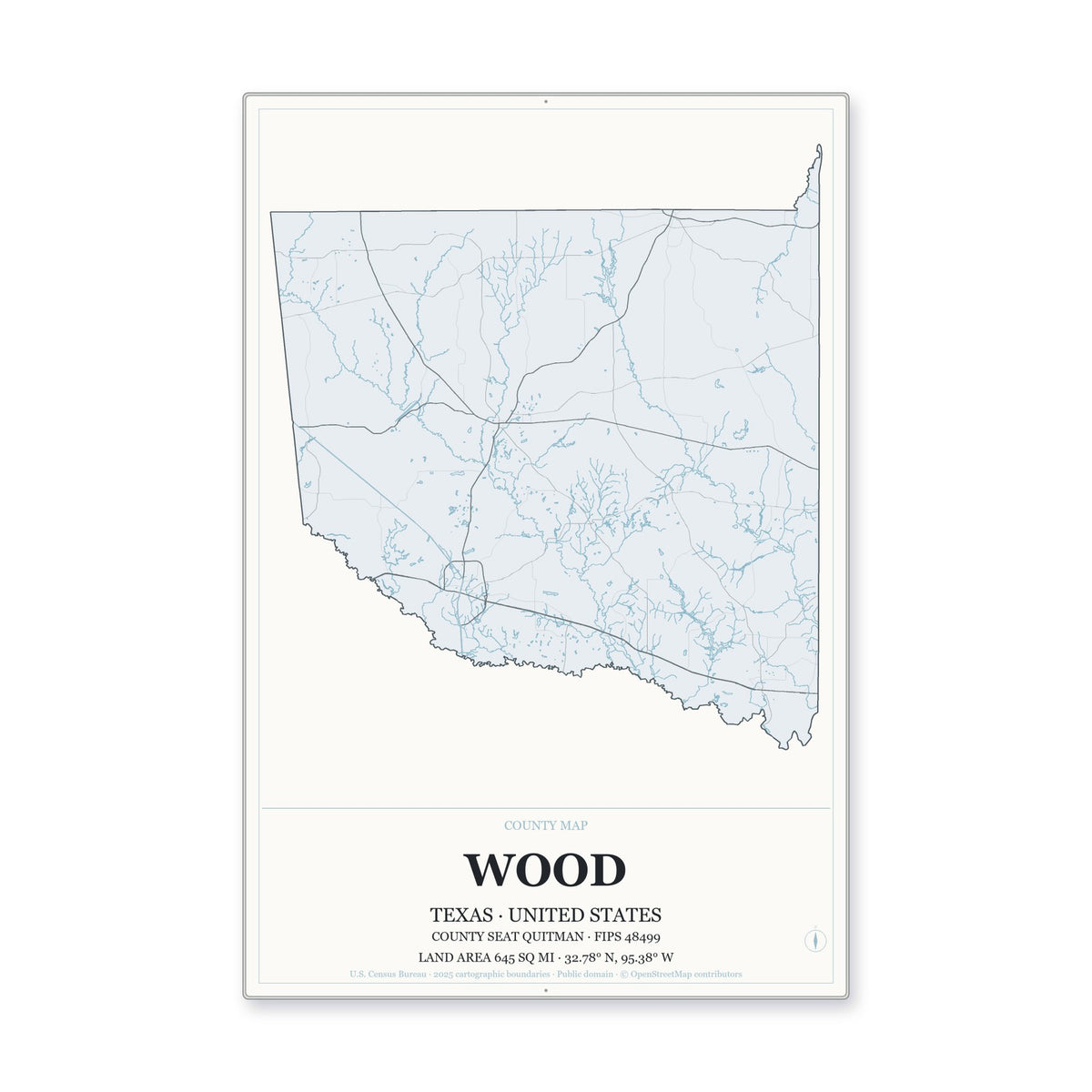 Wood County, Texas Map Aluminum Sign in Gallery Air style