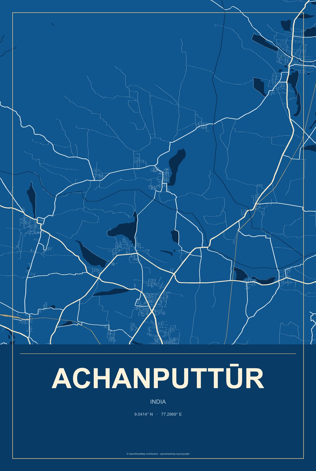 Achanputtūr, India City Map Aluminum Sign in Harbor Cobalt style