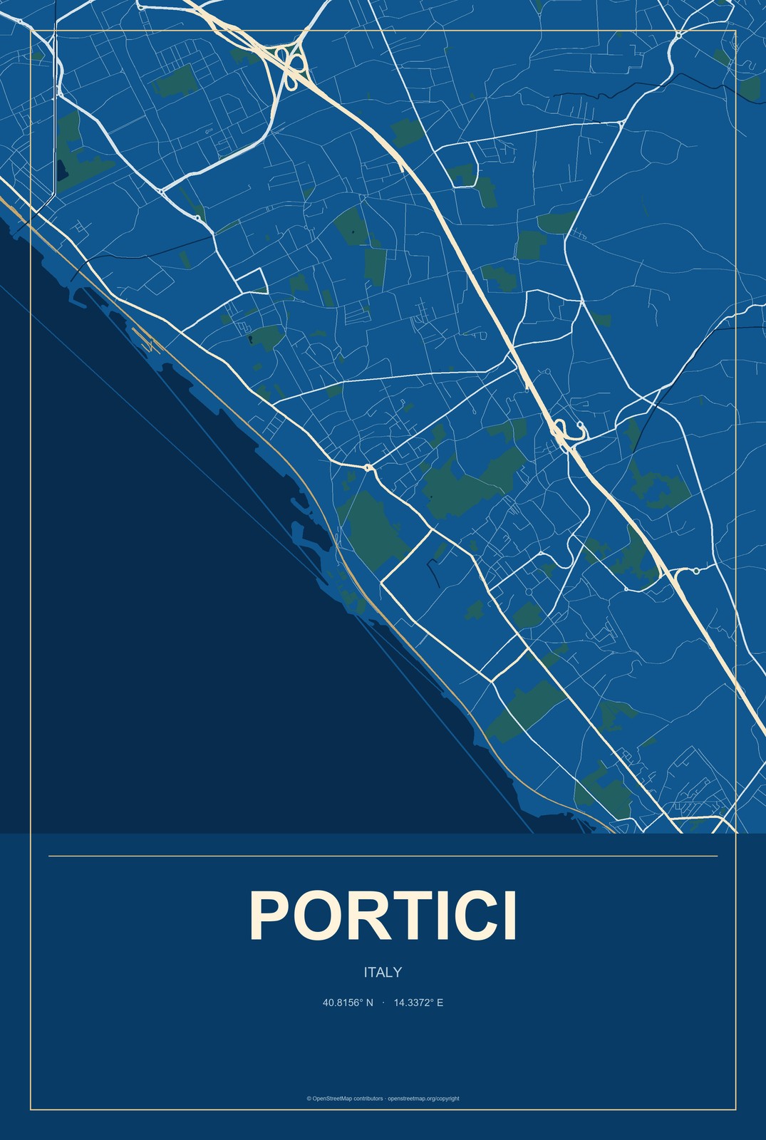 Portici, Italy City Map Aluminum Sign in Harbor Cobalt style