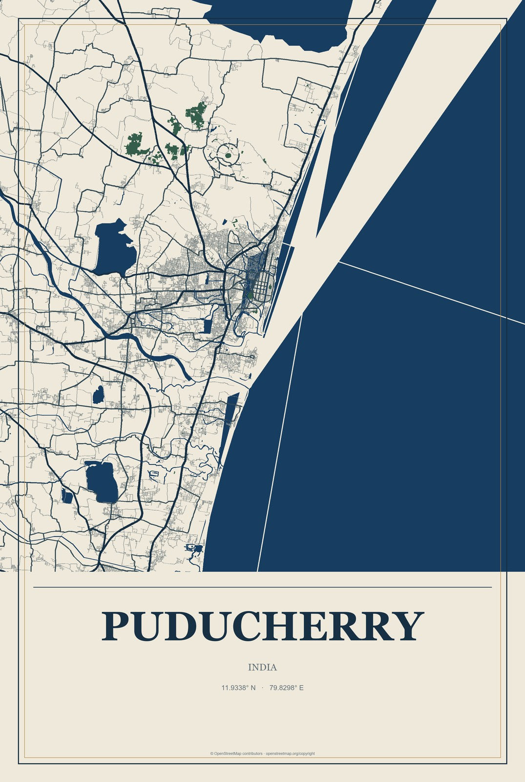 Puducherry, India City Map Aluminum Sign in Coastal Cutout style