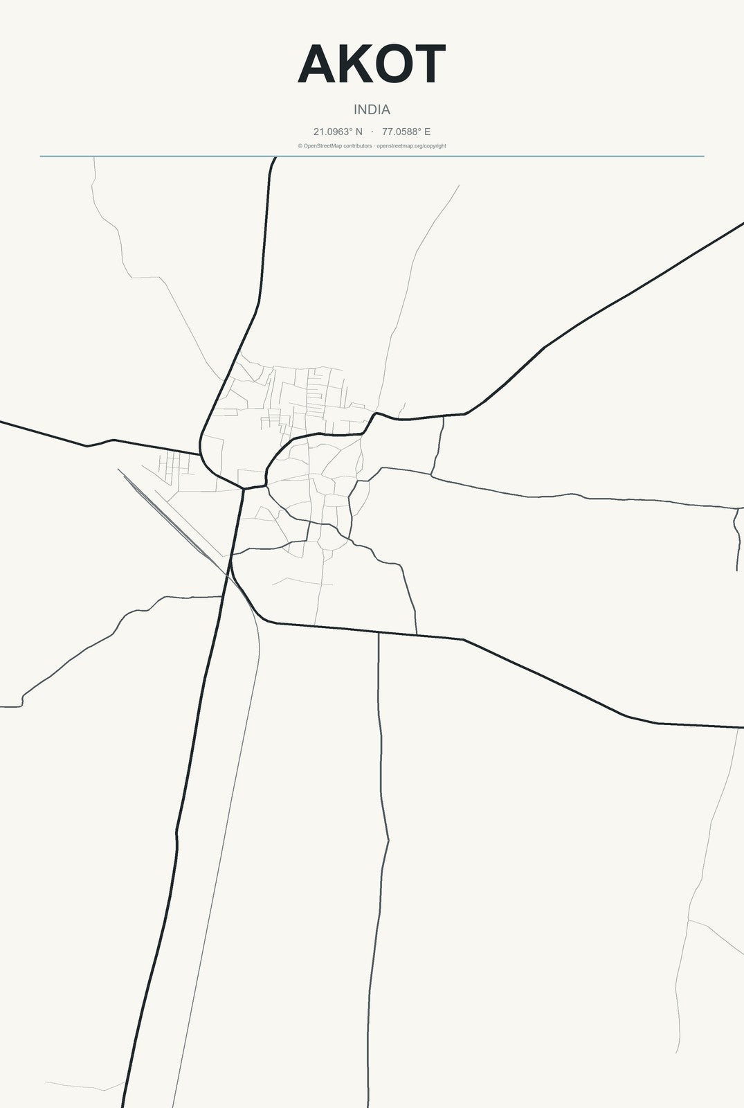 Akot, India City Map Aluminum Sign in Headline Atlas style