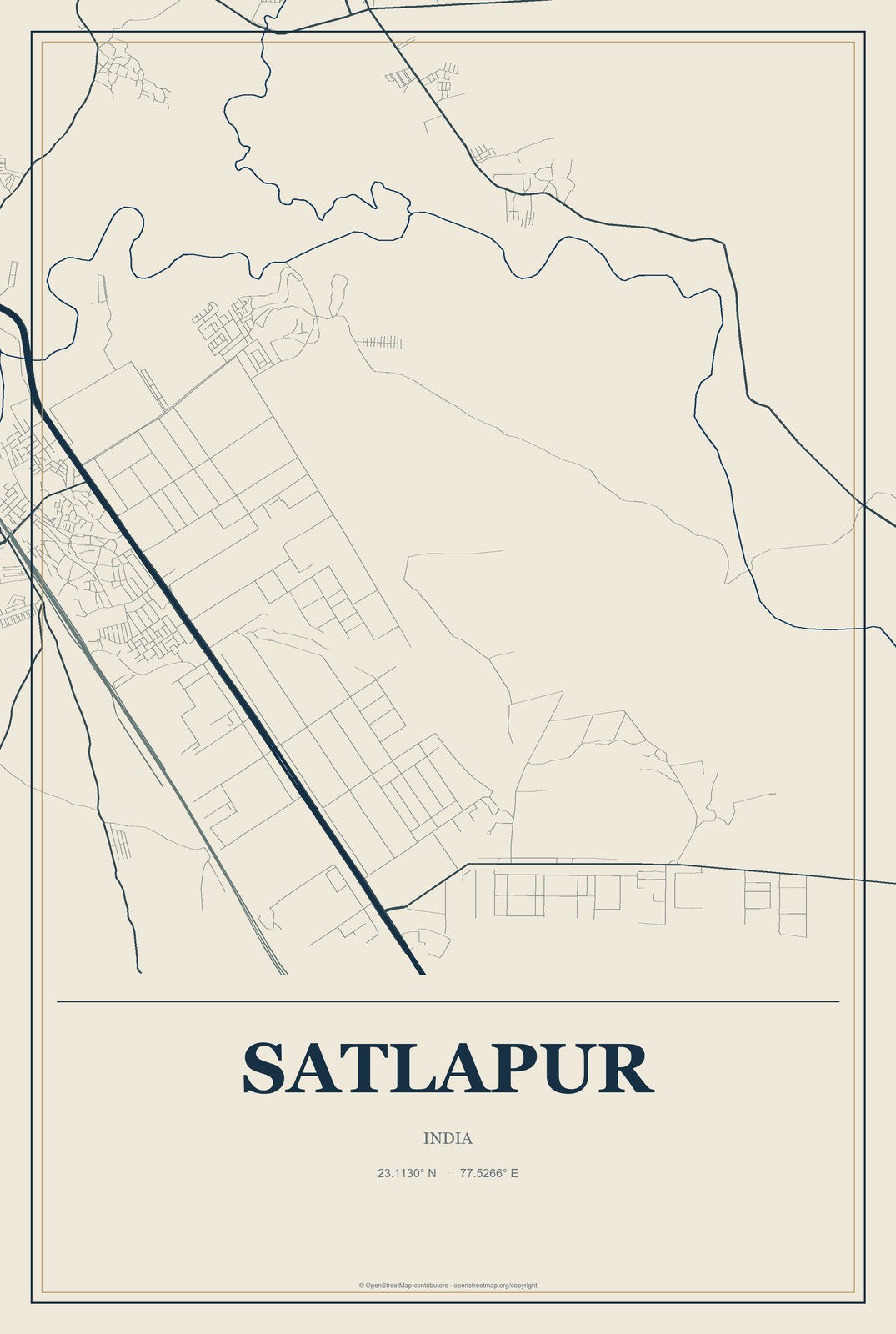 Satlapur, India City Map Aluminum Sign in Coastal Cutout style