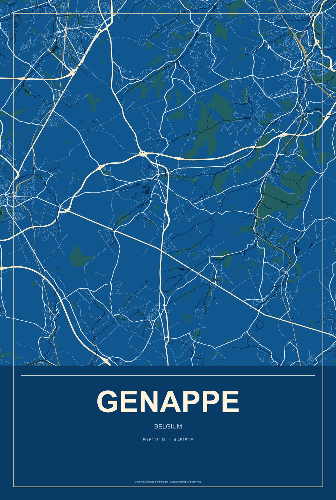 Genappe, Belgium City Map Aluminum Sign in Harbor Cobalt style