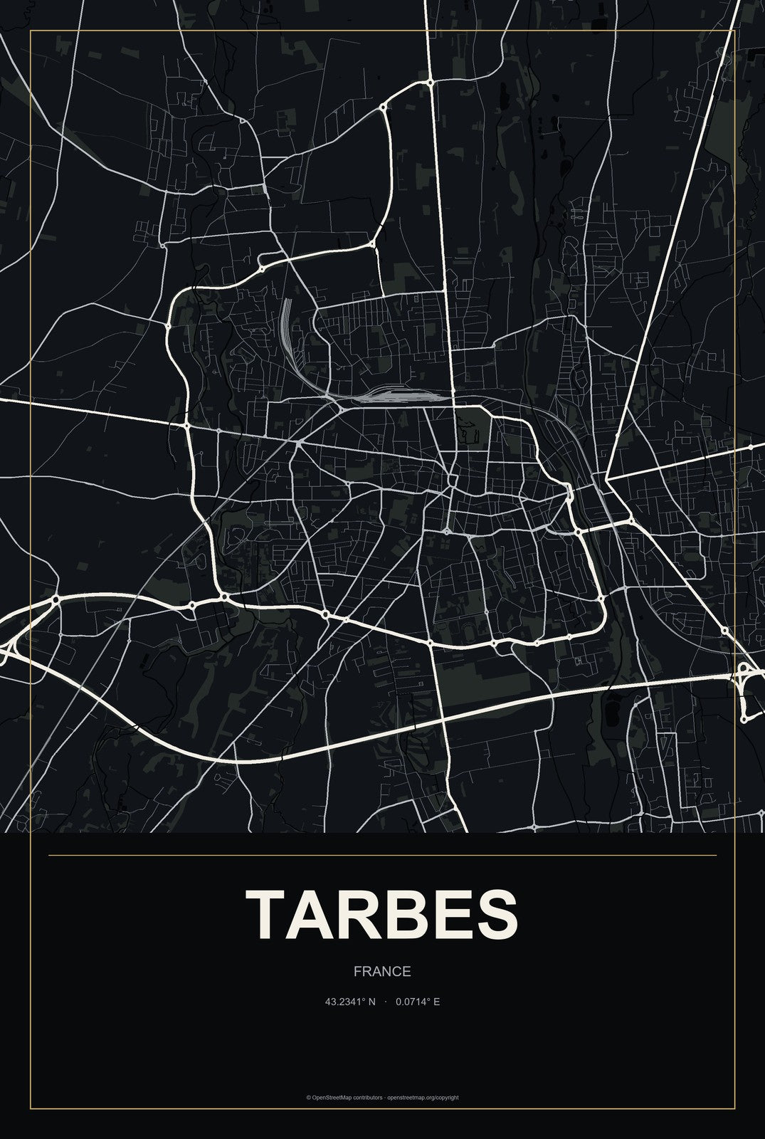 Tarbes, France City Map Aluminum Sign in Metropolitan Noir style
