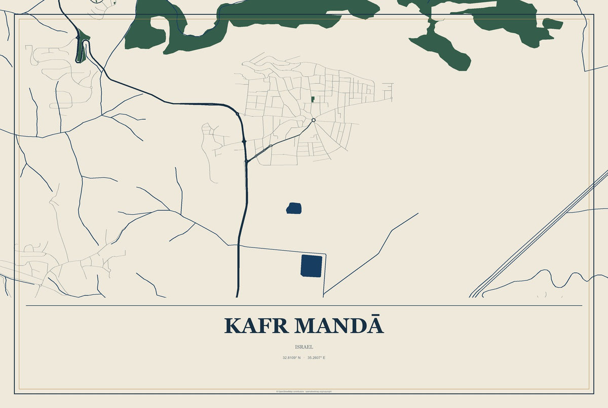 Kafr Mandā, Israel City Map Aluminum Sign in Coastal Cutout style