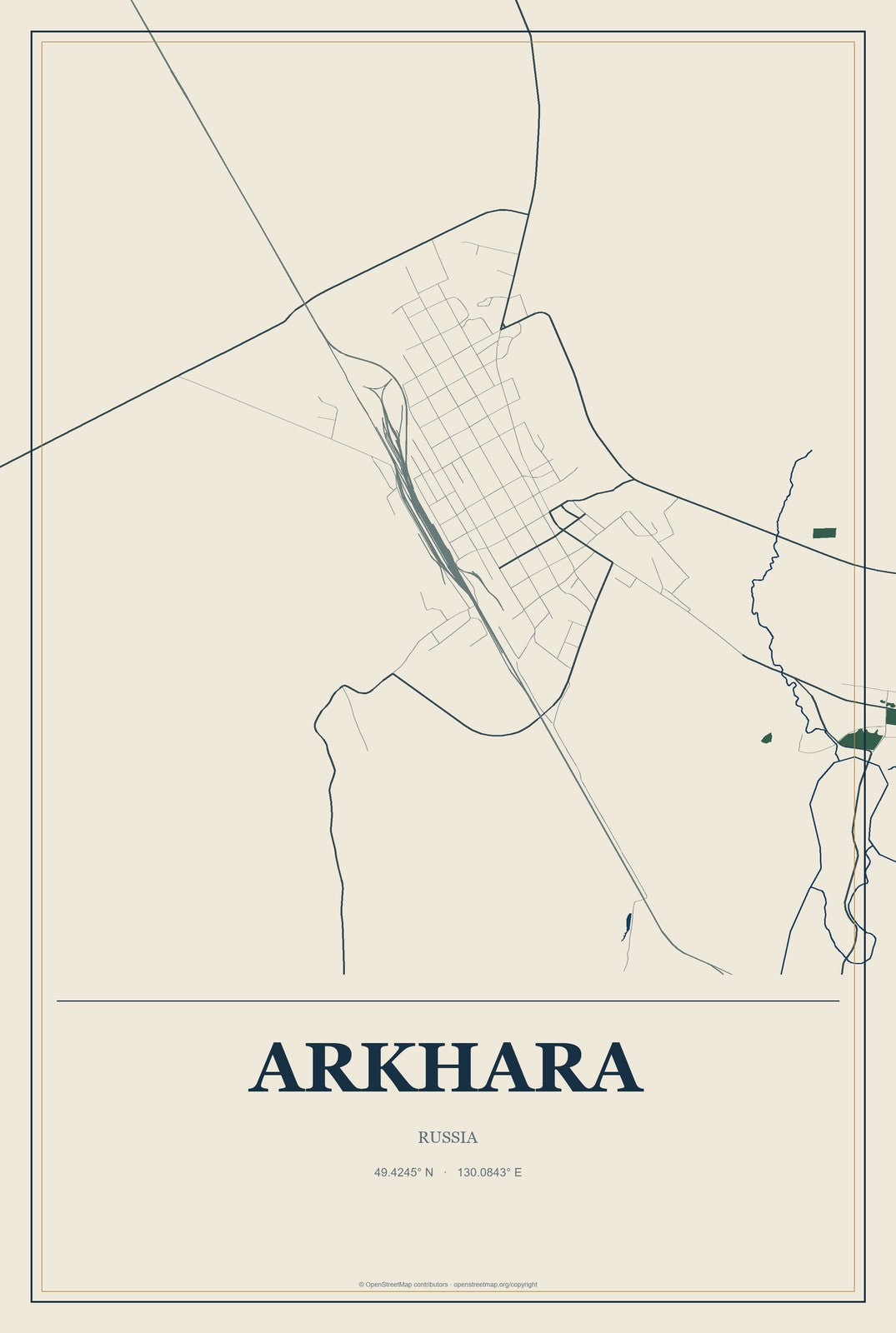 Arkhara, Russia City Map Aluminum Sign in Coastal Cutout style