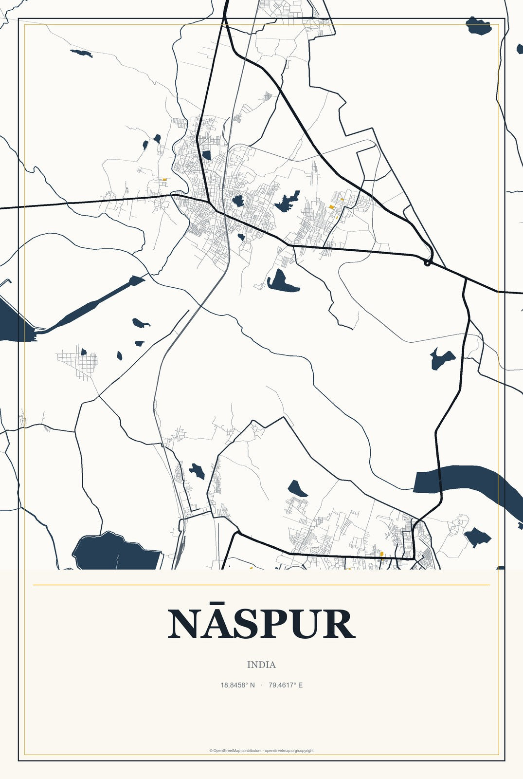 Nāspur, India City Map Aluminum Sign in Citrine Modern style