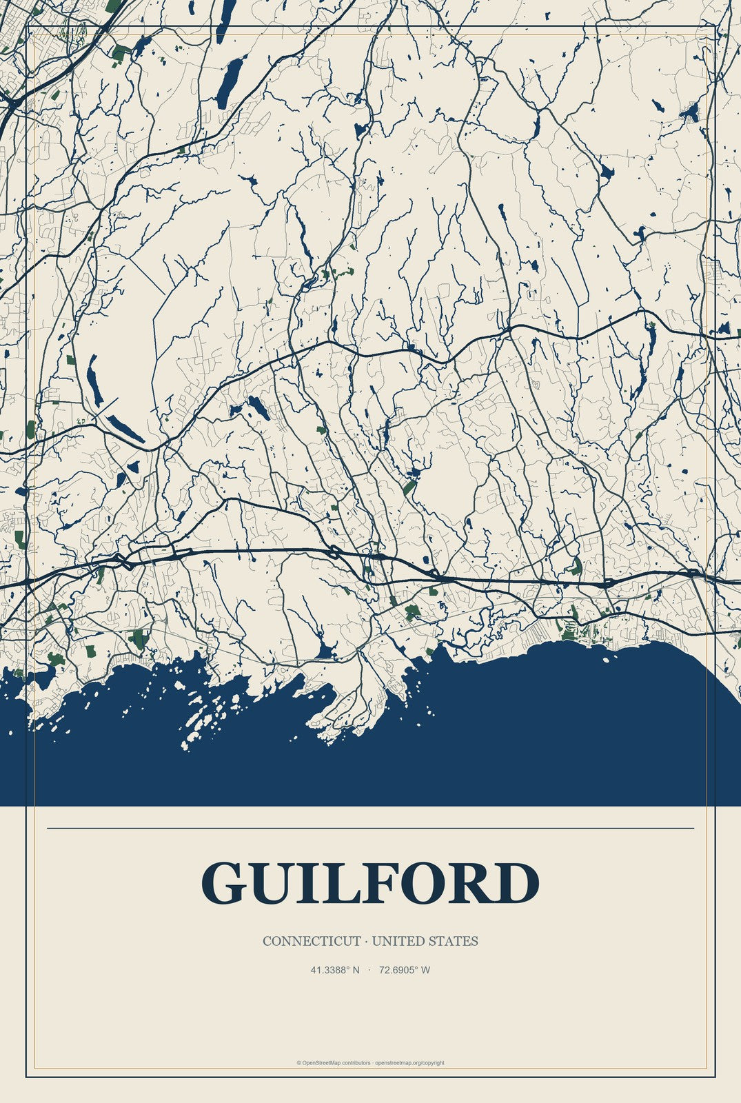 Guilford, Connecticut City Map Aluminum Sign in Coastal Cutout style