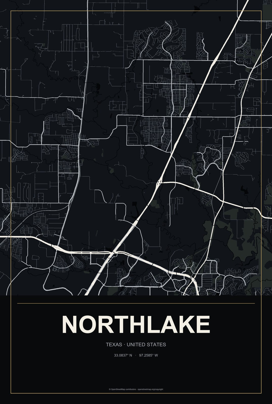 Northlake, Texas City Map Aluminum Sign in Metropolitan Noir style
