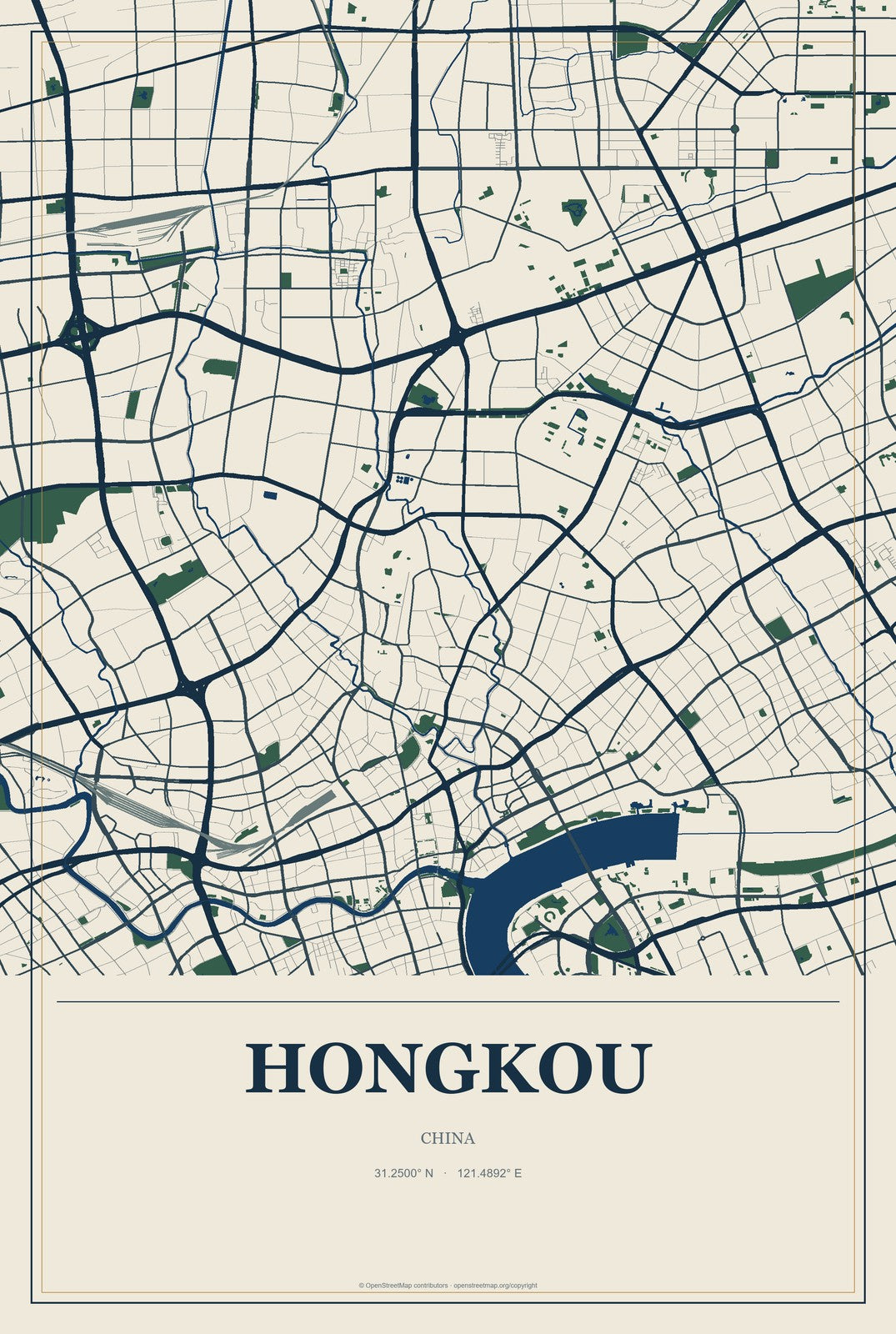 Hongkou, China City Map Aluminum Sign in Coastal Cutout style