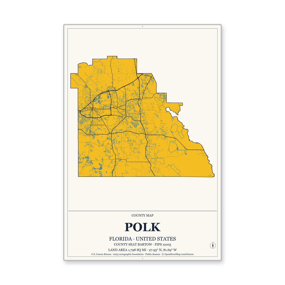 Polk County, Florida Map Aluminum Sign in Citrine Modern style