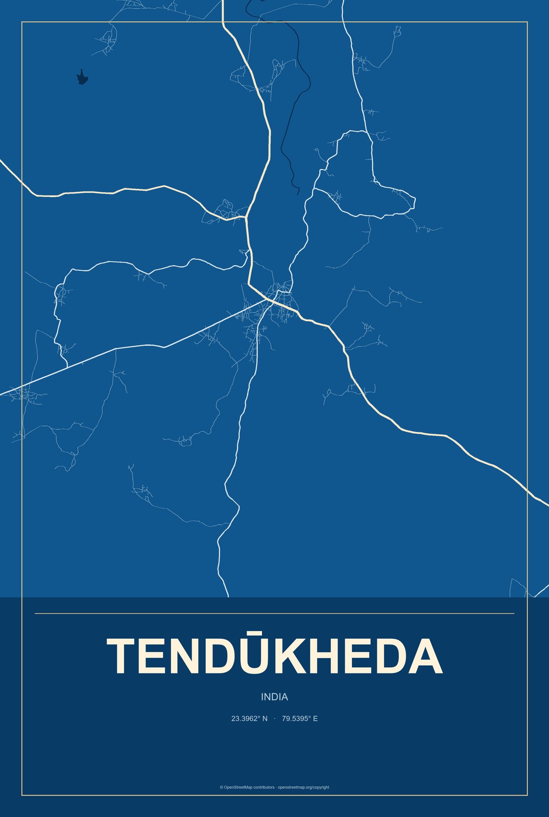 Tendūkheda, India City Map Aluminum Sign in Harbor Cobalt style